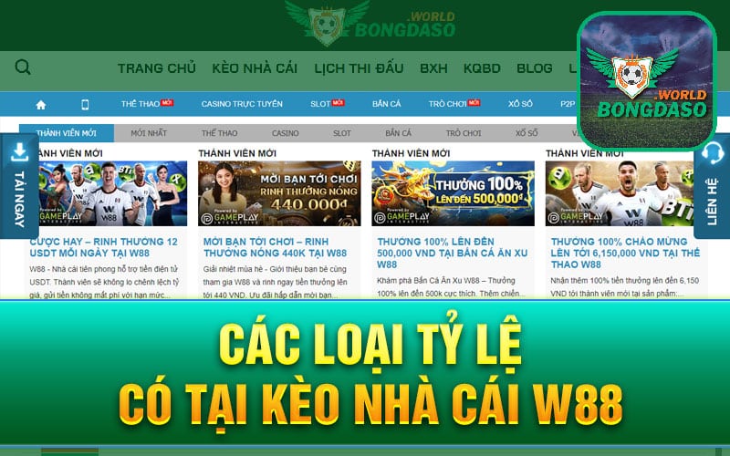 Các loại tỷ lệ có tại kèo nhà cái W88
